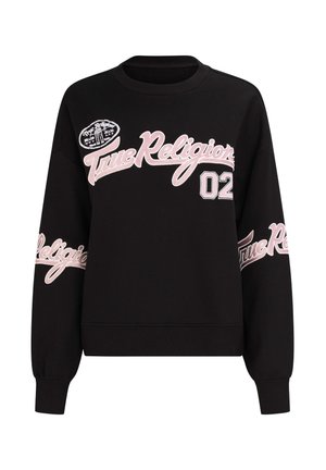 Czarna bluza z różowym haftowanym napisem "True Religion" na przodzie i rękawach; posiada okrągły dekolt i ściągacze na mankietach.