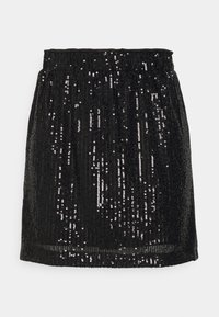 Svart kjol med en strukturerad, plisserad design, prydd med glänsande paljetter som reflekterar ljus och skapar en skimrande effekt. Elastisk midja.