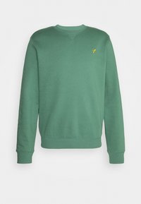 Sudadera de cuello redondo en un tejido verde apagado. Cuenta con puños y dobladillo acanalados, un acabado texturizado y un pequeño logo bordado amarillo en el pecho.