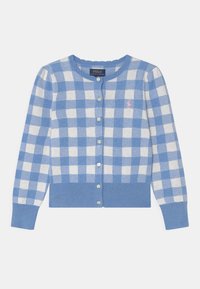 Cardigan à carreaux bleus et blancs avec poignets et ourlet côtelés, doté d'un col rond et d'un petit logo brodé en rose. Fermeture classique à boutons.