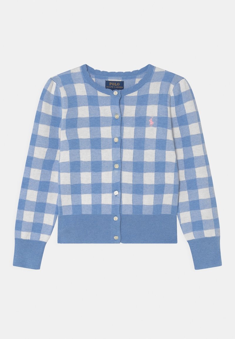 Cardigan à carreaux bleus et blancs avec poignets et ourlet côtelés, doté d'un col rond et d'un petit logo brodé en rose. Fermeture classique à boutons.