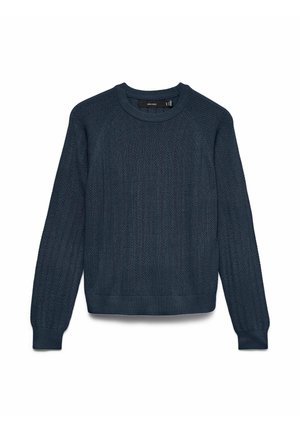 Pulover tricotat bleumarin cu mâneci lungi, decolteu rotund și manșete și tiv cu dungi, așezat plat pe un fundal alb.