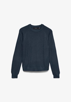 Granatowy dzianinowy sweter z długimi rękawami, okrągłym dekoltem oraz ściągaczami na mankietach i dole, rozłożony na płasko na białym tle.