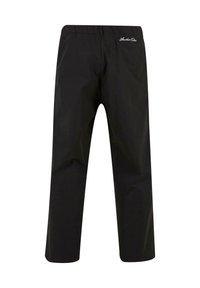 Pantaloni negri, ușori, cu talie elastică, design cu picior drept și detaliu brodat cu logo pe partea din spate. Textură netedă, fără buzunare.