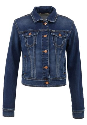 Mørkeblå denimjakke med knaplukning foran, to brystlommer med klap og knapper, sidelommer samt syningsdetaljer.