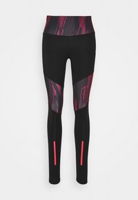 Černé sportovní legíny s texturovaným abstraktním designem v tmavě růžové a červené barvě na pásu a bočních panelech, s reflexními detaily.