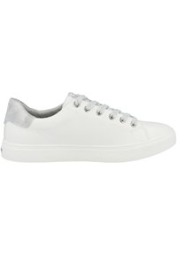 White sneaker with a smooth leather upper, silver textured heel, and light gray laces, featuring a minimalist design and rubber sole.