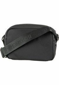 Borsa a tracolla nera in nylon morbido. Presenta una chiusura con zip, una tracolla robusta con logo impresso e una forma rettangolare.