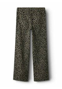Leopardmönstrade vida jeans i mörkgrön och svart, med bakfickor och en texturerad tyg.