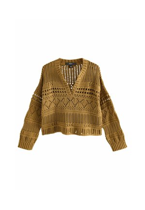 Strickpullover in Senfgelb mit tiefem V-Ausschnitt, offenen Mustern, verkürzter Länge und gerippten Bündchen. Hat einen lockeren Schnitt.