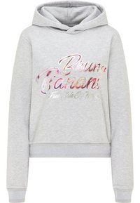 Grijze hooded sweatshirt met een cropped ontwerp, voorzien van glanzende meerkleurige tekst "Bruno Banani" en "Free State of Mind." Geribbelde manchetten en zoom.