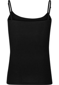 Black camisole with thin adjustable straps, made from soft fabric. Features a simple design with a straight neckline and a fitted silhouette.