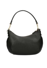 Zwarte leren hobo tas met een gestructureerde afwerking, voorzien van een gebogen handvat en goudkleurige hardware. Ritsluiting aan de bovenkant en zijaccenten.