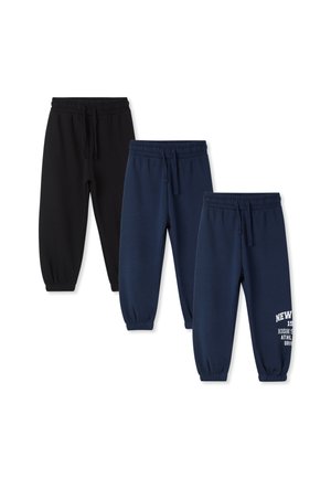 Tre paia di pantaloni della tuta: uno nero, due blu navy. Polsini arricciati, fasce in vita elastiche, e uno ha testo e grafica bianchi sulla gamba.