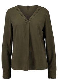 Olivgrön långärmad blus i ett mjukt material, med V-ringning och dekorativ sömnad längs halsen och ärmsluten.