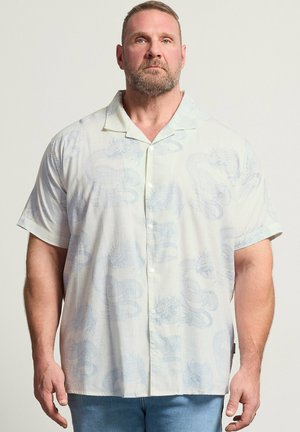 Mężczyzna z krótkimi włosami i brodą ubrany w jasną, krótkorękawową koszulę zapinaną na guziki z subtelnym wzorem smoka oraz w niebieskie dżinsy.