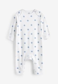 Romper bianco per bambino realizzato in materiale morbido, con un motivo a stelle blu. Maniche lunghe e chiusure a pressione sul fondo per un facile vestire.
