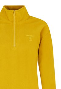 Gelber Fleece-Pullover mit Viertel-Reißverschluss und strukturiertem Stoff. Verfügt über einen hohen Kragen und ein gesticktes Logo auf der Brust.