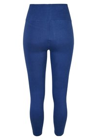 Leggings blu con una vita alta, realizzati in un tessuto morbido ed elastico, caratterizzati da un design aderente e un colore solido senza motivi o dettagli.