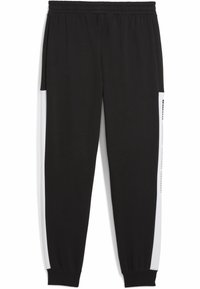Schwarze Sporthose mit elastischem Bund, versehen mit weißen Seitenbahnen und gedruckten Textakzenten in vertikaler Ausrichtung am Bein.