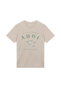 Beige cotton t-shirt with short sleeves featuring green text and a bird graphic. Text includes “AHOI” and “Knut & Jan | Hamburg.”
