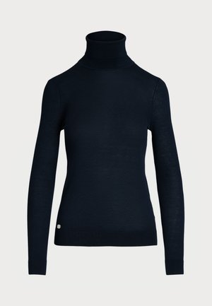 Navy turtleneck sweater made of smooth fabric, featuring long sleeves, a fitted silhouette, and a small logo accent near the hem.