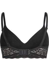 Soutien-gorge noir avec un devant en tissu doux, des détails en dentelle le long de la bande et des bretelles réglables. La fermeture comprend plusieurs crochets pour un ajustement parfait.