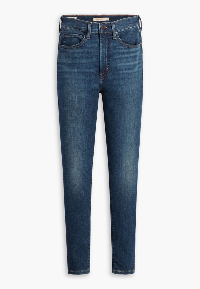 Granatowe skinny jeansy z denimu, z przednimi kieszeniami, paskiem w talii i delikatnym, wyblakłym wzorem. Idealne do codziennego użytku.