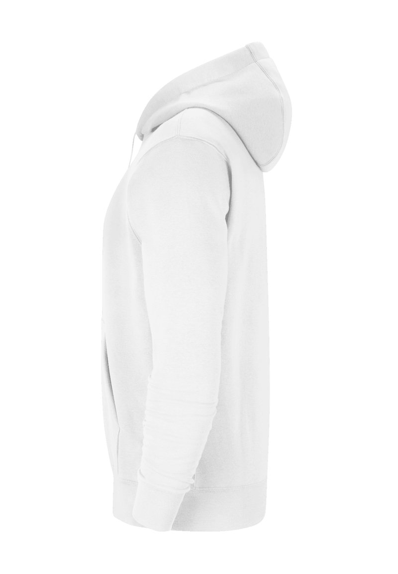 White hoodie, cotton blend, front kangaroo pocket, ribbed cuffs and hem, adjustable drawstring hood, smooth texture. Side view.