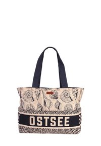 Sac en toile avec motif de coquillage en beige, anses bleu foncé et bande contrastante "OSTSEE" à la base. Présente un design robuste et structuré.