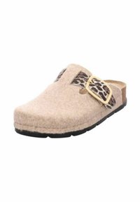 Zoccoli di feltro beige con un accento in pelle leopardata, dotati di una fibbia dorata e di una robusta suola in gomma nera. Design con punta arrotondata.