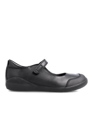 Zapatos Mary Jane de cuero negro con punta redonda, tira de velcro, detalles texturizados y suela de goma para mayor agarre y comodidad.