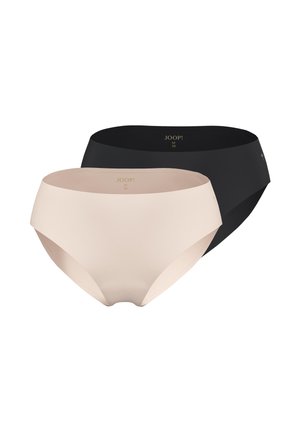 Two seamless women's hipster panties, one beige and one black, both size medium with branded logo inside waistband.