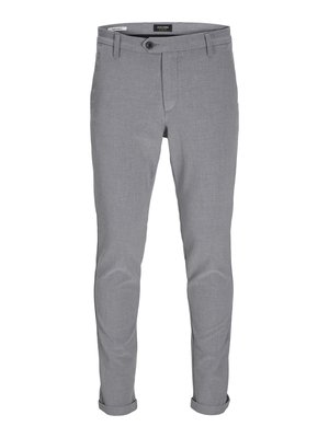 Gray chinos made of textured fabric, featuring a button closure, belt loops, and rolled cuffs for a tailored look.