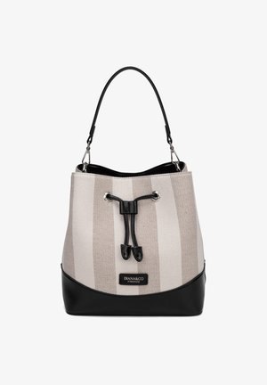 Borsa a secchiello a righe verticali beige e marrone chiaro con fondo in pelle nera, chiusura con coulisse e singola tracolla in pelle nera.