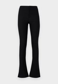Calças flare pretas feitas de um tecido liso e elástico. Apresentam uma cintura alta e fendas laterais na bainha para um detalhe adicional.