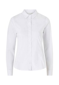 Weißes Langarm-Hemd mit Knopfleiste, Kragen, tailliertem Schnitt und Manschetten, vor einfarbigem Hintergrund präsentiert.