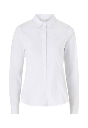 Witte, lange mouwen, blouse met knopen, kraag, getailleerde taille en manchetten, tentoongesteld tegen een effen achtergrond.