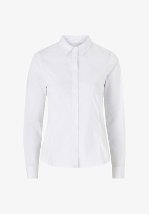 White long-sleeve button-up shirt with collar, fitted waist, and cuffs, displayed against a plain background.