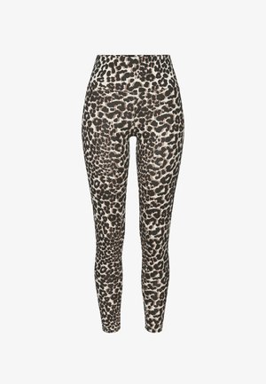 Leopardenmuster Leggings mit hohem Bund. Aus einer Mischung aus Beige- und Brauntönen in einem weichen, dehnbaren Stoff für einen figurbetonten Sitz.