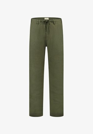 Pantaloni de in verde măsliniu cu talie cu șnur, picioare drepte și o textură subtilă. Fără buzunare, design curat fără embellishments.