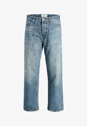 Hellblaue Denim-Jeans mit geradem Schnitt, die verblasste Stellen und leichte Abriebspuren aufweisen. Klassisches Fünf-Taschen-Design mit Knopfverschluss.