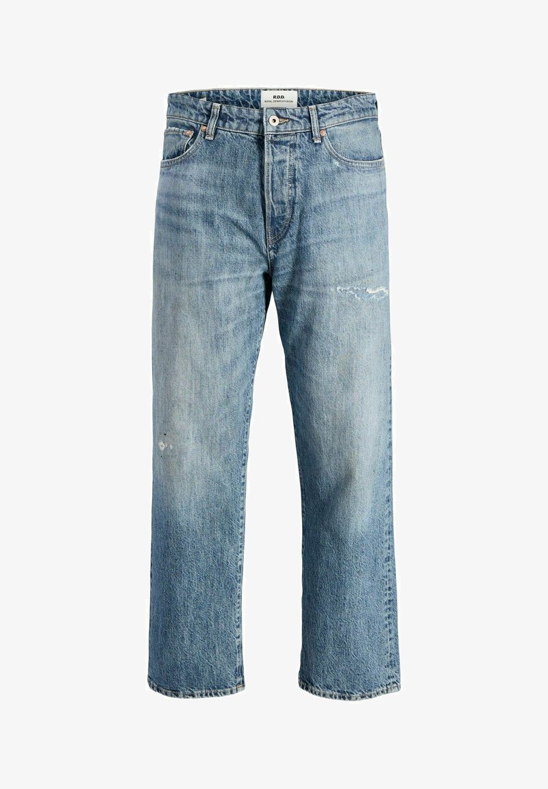 Vaqueros de denim azul claro con corte recto, que cuentan con áreas desvaídas y ligeros detalles desgastados. Diseño clásico de cinco bolsillos con cierre de botón.