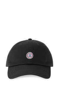 Casquette en coton noire avec une visière incurvée, arborant un logo brodé rond en rouge, blanc et bleu centré sur le devant.