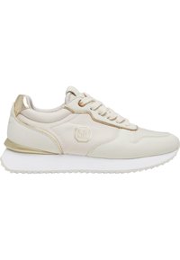 Lys beige treningssko med metallisk gullakenter, snøring, polstret tunge, rund tå og hvit gummisåle med sagverksmønster.