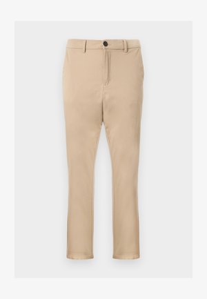 Chino beige in tessuto liscio, con taglio a gamba dritta, tasche frontali e chiusura in vita con un solo bottone nero.