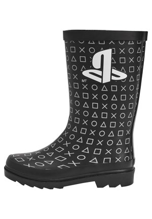 Botte de pluie noire avec motif de symboles PlayStation et grand logo blanc PlayStation sur le côté.