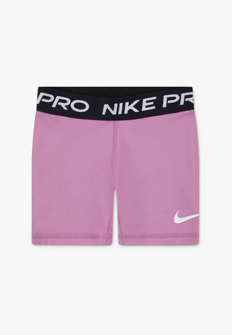 Nike Pro spordilühikesed, roosa kangas, must elastne vöökoht, millel on tekst "NIKE PRO", valge logo ees, sile tekstuur, kitsas disain.