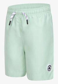 Heledad rohelised ujumispüksid siledast materjalist, millel on nööriga vöökoht mustade otstega ja küljes ümmargune logo.