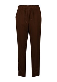 Pantaloni leggeri marroni con vita elasticizzata e cordoncino. Presentano una vestibilità comoda e una texture liscia, offrendo comfort e praticità.